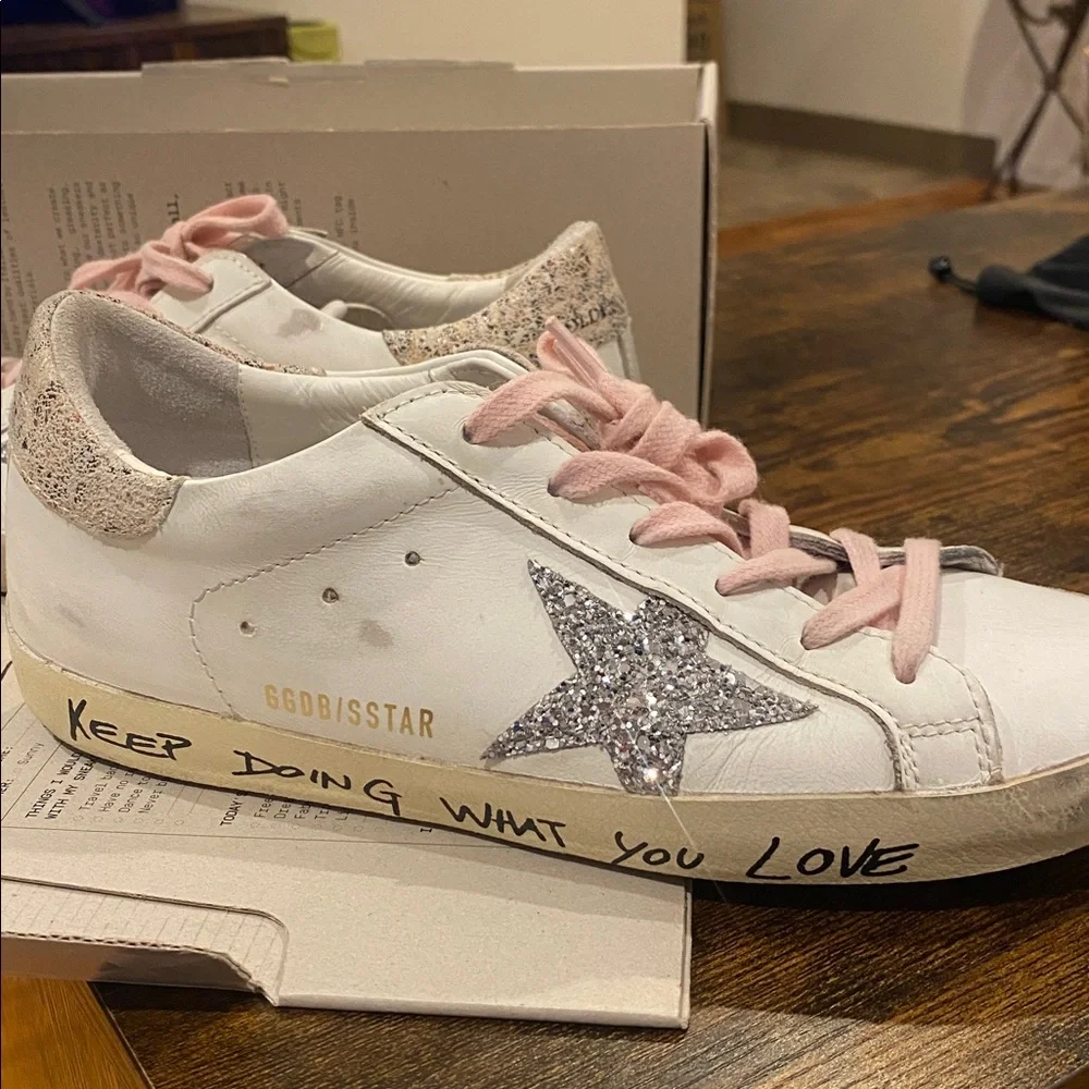 Authentic Golden Goose White Sneakers with Pink Laces and Glitter Star - Picture 3 of 10